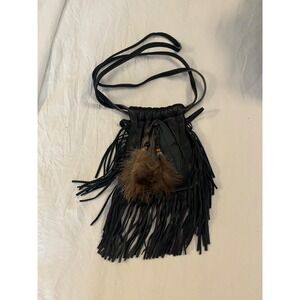 Smokin Blues Trading Co Black Leather Fringe Feather Pouch Bag Made in USA Boho